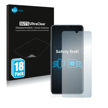 Vorderseite einer Produktverpackung mit dem Markenlogo Savvies. Daneben ist das Gerät Vivo Y70 mit dem zugehörigen Displayschu