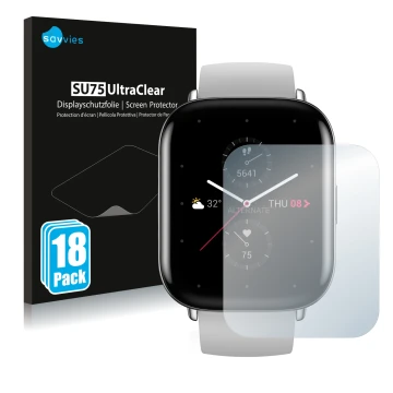 Vorderseite einer Produktverpackung mit dem Markenlogo Savvies. Daneben ist das Gerät Huami Amazfit Zepp E Square mit dem zuge