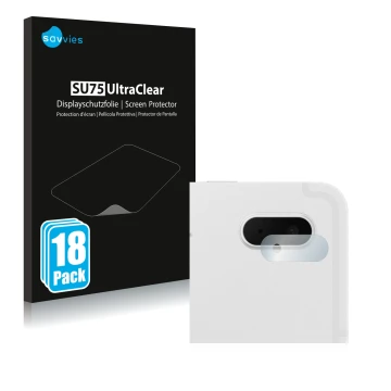 Vorderseite einer Produktverpackung mit dem Markenlogo Savvies. Daneben ist das Gerät Samsung Galaxy Tab S7 FE (NUR Kameraschu