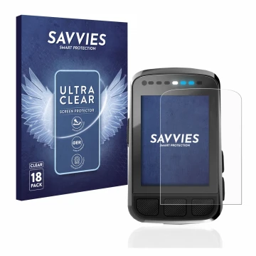 Vorderseite einer Produktverpackung mit dem Markenlogo Savvies. Daneben ist das Gerät Wahoo Elemnt Bolt V2 GPS mit dem zugehör