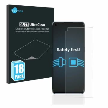 Vorderseite einer Produktverpackung mit dem Markenlogo Savvies. Daneben ist das Gerät Oppo Reno 6 Pro Plus 5G mit dem zugehöri