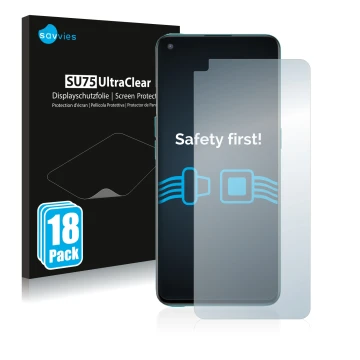 Vorderseite einer Produktverpackung mit dem Markenlogo Savvies. Daneben ist das Gerät OnePlus Nord CE 5G mit dem zugehörigen D