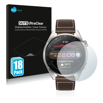 Vorderseite einer Produktverpackung mit dem Markenlogo Savvies. Daneben ist das Gerät Huawei Watch 3 Pro mit dem zugehörigen D