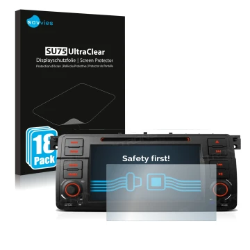 Vorderseite einer Produktverpackung mit dem Markenlogo Savvies. Daneben ist das Gerät Xtrons PQ7046B mit dem zugehörigen Displ