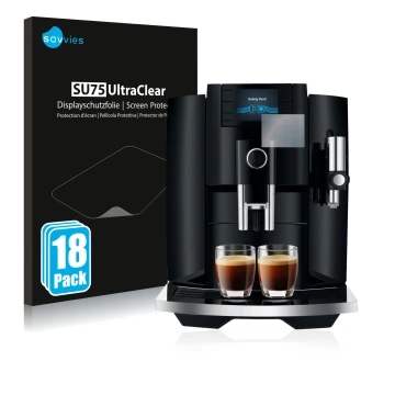 Vorderseite einer Produktverpackung mit dem Markenlogo Savvies. Daneben ist das Gerät Jura E8 (EB) mit dem zugehörigen Display