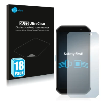 Vorderseite einer Produktverpackung mit dem Markenlogo Savvies. Daneben ist das Gerät Almex AiM TC601 mit dem zugehörigen Disp