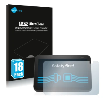 Vorderseite einer Produktverpackung mit dem Markenlogo Savvies. Daneben ist das Gerät Amazon Echo Show 8 2021 (2. Gen.) mit de