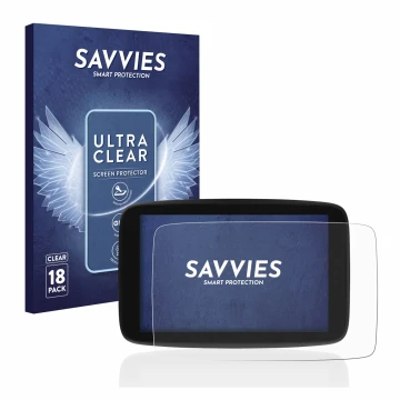 Vorderseite einer Produktverpackung mit dem Markenlogo Savvies. Daneben ist das Gerät TomTom Go Expert 7