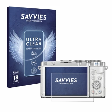 Vorderseite einer Produktverpackung mit dem Markenlogo Savvies. Daneben ist das Gerät Olympus PEN E-P7 mit dem zugehörigen Dis