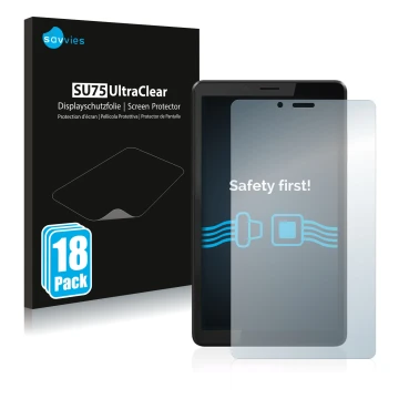 Vorderseite einer Produktverpackung mit dem Markenlogo Savvies. Daneben ist das Gerät Lenovo Tab M7 (3. Gen.) mit dem zugehöri