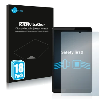 Vorderseite einer Produktverpackung mit dem Markenlogo Savvies. Daneben ist das Gerät Lenovo Tab M8 (3. Gen.) mit dem zugehöri