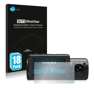 Vorderseite einer Produktverpackung mit dem Markenlogo Savvies. Daneben ist das Gerät Vantrue N4 mit dem zugehörigen Displaysc