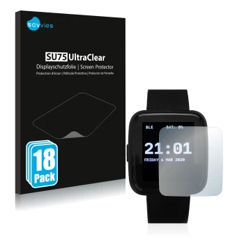 Vorderseite einer Produktverpackung mit dem Markenlogo Savvies. Daneben ist das Gerät Pine64 PineTime mit dem zugehörigen Disp