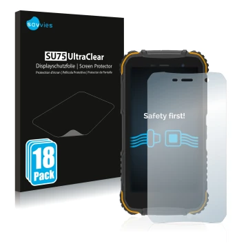 Vorderseite einer Produktverpackung mit dem Markenlogo Savvies. Daneben ist das Gerät Doogee S35 mit dem zugehörigen Displaysc