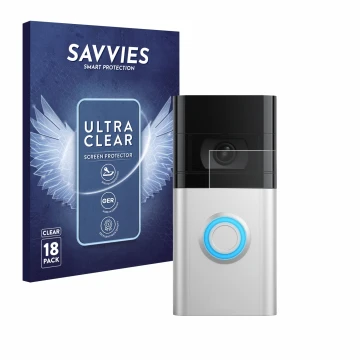 Vorderseite einer Produktverpackung mit dem Markenlogo Savvies. Daneben ist das Gerät Ring Video Doorbell 4 mit dem zugehörige