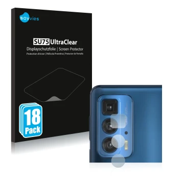 Vorderseite einer Produktverpackung mit dem Markenlogo Savvies. Daneben ist das Gerät Motorola Edge 20 Pro (NUR Kameraschutz) 