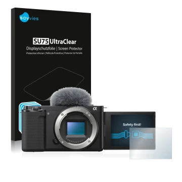 Vorderseite einer Produktverpackung mit dem Markenlogo Savvies. Daneben ist das Gerät Sony Alpha ZV-E10 mit dem zugehörigen Di