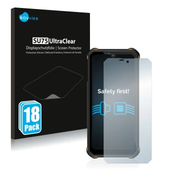Vorderseite einer Produktverpackung mit dem Markenlogo Savvies. Daneben ist das Gerät Oukitel WP15 5G mit dem zugehörigen Disp