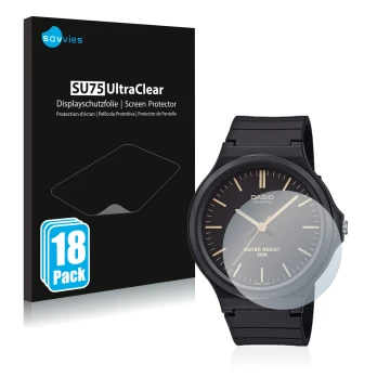 Vorderseite einer Produktverpackung mit dem Markenlogo Savvies. Daneben ist das Gerät Casio Unisex MW-240 mit dem zugehörigen 