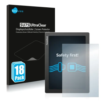 Vorderseite einer Produktverpackung mit dem Markenlogo Savvies. Daneben ist das Gerät PocketBook InkPad Lite mit dem zugehörig