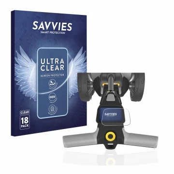 Vorderseite einer Produktverpackung mit dem Markenlogo Savvies. Daneben ist das Gerät PowaKaddy CT6 mit dem zugehörigen Displa