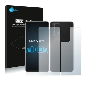Vorderseite einer Produktverpackung mit dem Markenlogo Savvies. Daneben ist das Gerät Samsung Galaxy A52s 5G (Display+Rückseit