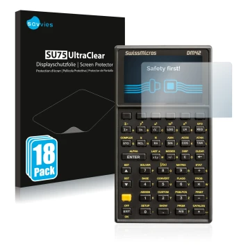 Vorderseite einer Produktverpackung mit dem Markenlogo Savvies. Daneben ist das Gerät SwissMicros DM42 mit dem zugehörigen Dis