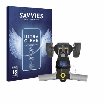 Vorderseite einer Produktverpackung mit dem Markenlogo Savvies. Daneben ist das Gerät PowaKaddy CT6 GPS mit dem zugehörigen Di