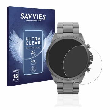 Vorderseite einer Produktverpackung mit dem Markenlogo Savvies. Daneben ist das Gerät Fossil Gen 6 (44mm) mit dem zugehörigen 