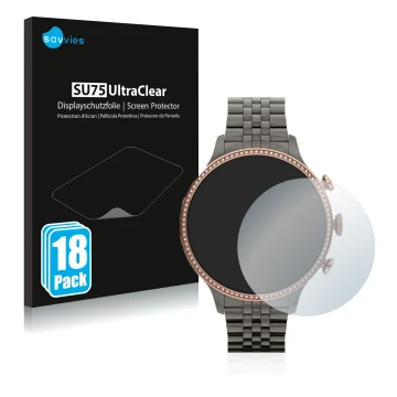 Vorderseite einer Produktverpackung mit dem Markenlogo Savvies. Daneben ist das Gerät Fossil Gen 6 (42mm) mit dem zugehörigen 