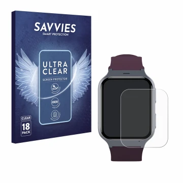 Vorderseite einer Produktverpackung mit dem Markenlogo Savvies. Daneben ist das Gerät TCL Safety Watch MT43AX mit dem zugehöri