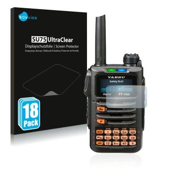 Vorderseite einer Produktverpackung mit dem Markenlogo Savvies. Daneben ist das Gerät Yaesu FT-70DR mit dem zugehörigen Displa