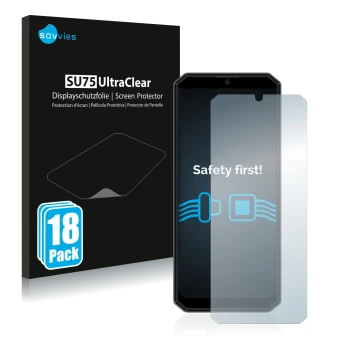 Vorderseite einer Produktverpackung mit dem Markenlogo Savvies. Daneben ist das Gerät Oukitel K15 Plus mit dem zugehörigen Dis