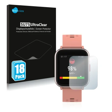 Vorderseite einer Produktverpackung mit dem Markenlogo Savvies. Daneben ist das Gerät Denver SW-164 mit dem zugehörigen Displa