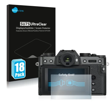 Vorderseite einer Produktverpackung mit dem Markenlogo Savvies. Daneben ist das Gerät Fujifilm X-T30 ll mit dem zugehörigen Di