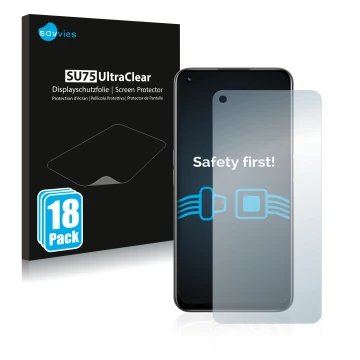 Vorderseite einer Produktverpackung mit dem Markenlogo Savvies. Daneben ist das Gerät realme 8i mit dem zugehörigen Displaysch