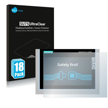 Vorderseite einer Produktverpackung mit dem Markenlogo Savvies. Daneben ist das Gerät Siemens Simatic HMI TP700 Comfort mit de