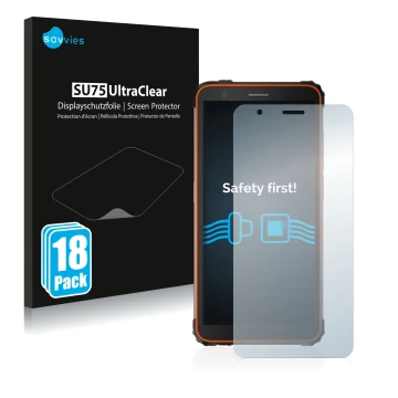 Vorderseite einer Produktverpackung mit dem Markenlogo Savvies. Daneben ist das Gerät Blackview BV6600E mit dem zugehörigen Di