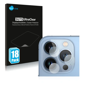 Vorderseite einer Produktverpackung mit dem Markenlogo Savvies. Daneben ist das Gerät Apple iPhone 13 Pro Max (NUR Kameraschut