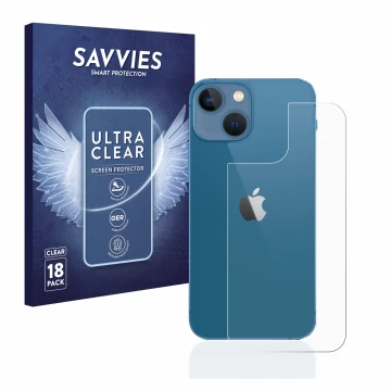 Vorderseite einer Produktverpackung mit dem Markenlogo Savvies. Daneben ist das Gerät Apple iPhone 13 mini (Rückseite) mit dem