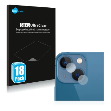 Vorderseite einer Produktverpackung mit dem Markenlogo Savvies. Daneben ist das Gerät Apple iPhone 13 mini (NUR Kameraschutz) 