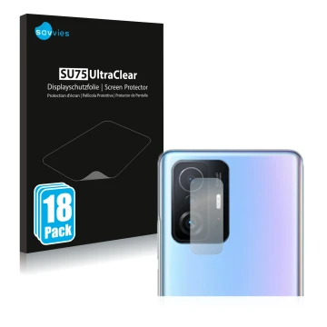 Vorderseite einer Produktverpackung mit dem Markenlogo Savvies. Daneben ist das Gerät Xiaomi 11T Pro (NUR Kameraschutz) mit de