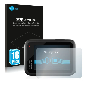 Vorderseite einer Produktverpackung mit dem Markenlogo Savvies. Daneben ist das Gerät GoPro Hero 10 Black mit dem zugehörigen 