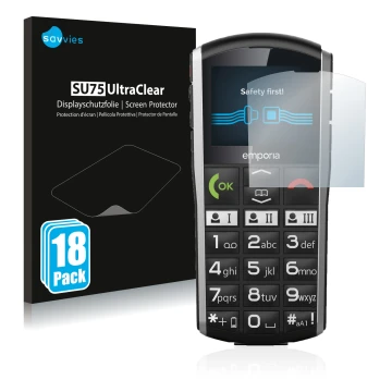 Vorderseite einer Produktverpackung mit dem Markenlogo Savvies. Daneben ist das Gerät Emporia Simplicity mit dem zugehörigen D