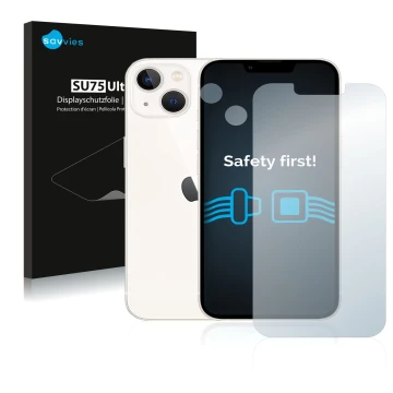 Vorderseite einer Produktverpackung mit dem Markenlogo Savvies. Daneben ist das Gerät Apple iPhone 13 (Display+Kamera) mit dem