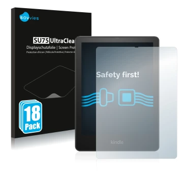 Vorderseite einer Produktverpackung mit dem Markenlogo Savvies. Daneben ist das Gerät Amazon Kindle Paperwhite 2021 Signature 