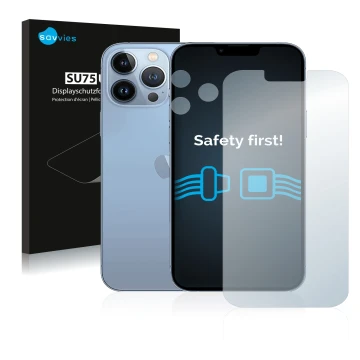 Vorderseite einer Produktverpackung mit dem Markenlogo Savvies. Daneben ist das Gerät Apple iPhone 13 Pro Max (Display+Kamera)