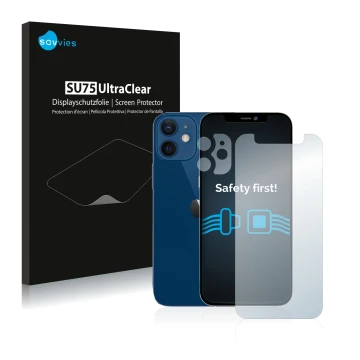 Vorderseite einer Produktverpackung mit dem Markenlogo Savvies. Daneben ist das Gerät Apple iPhone 12 mini (Display+Kamera) mi