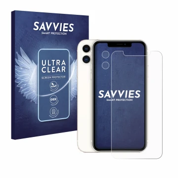 Vorderseite einer Produktverpackung mit dem Markenlogo Savvies. Daneben ist das Gerät Apple iPhone 11 (Display+Kamera) mit dem