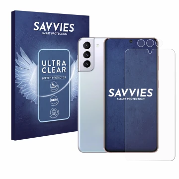 Vorderseite einer Produktverpackung mit dem Markenlogo Savvies. Daneben ist das Gerät Samsung Galaxy S21 (Display+Kamera) mit 